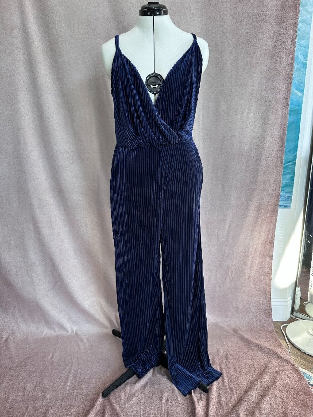 Laundry by Shelli Segal Midnight Blue Velvet Striped Jumpsuit, L
